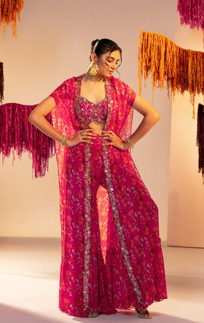 Printed Cape With  Embroidered Tube Blouse And Printed Straight Pants