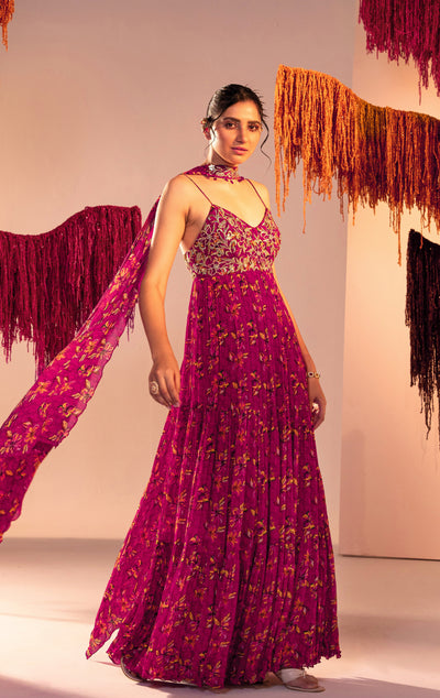 Embroidered V Hem 3-Tiered Printed Anarkali With Choker Dupatta