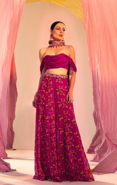 Cowl Blouse And Printed Palazzo With Choker Dupatta