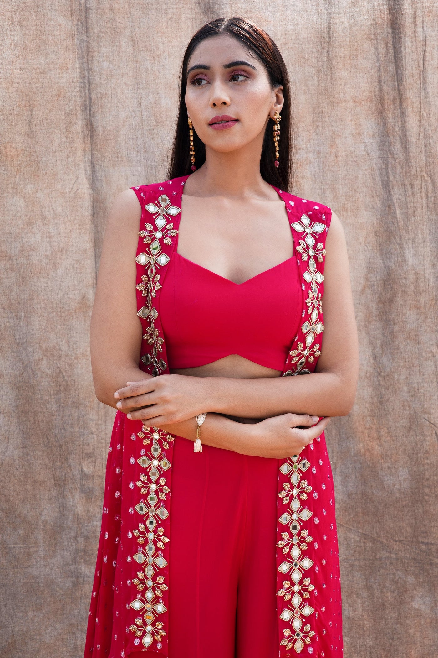 Shivangi Joshi in Mirror Work Asymmetrical Cape With High Waist Pallazo And V-Hem Crop Top
