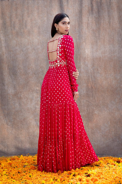 Anmol Bhatia in Mirror Work 3-Tiered Anarkali With Back Cut Outs And Embroidered Dupatta