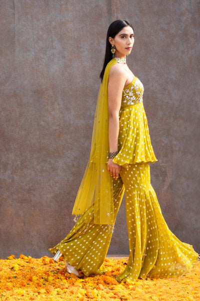 Nishtha Gandhi in Mirror Work Corset Peplum And Fit'N'Flare Pant Set In Lurex Georgette With Choker Dupatta
