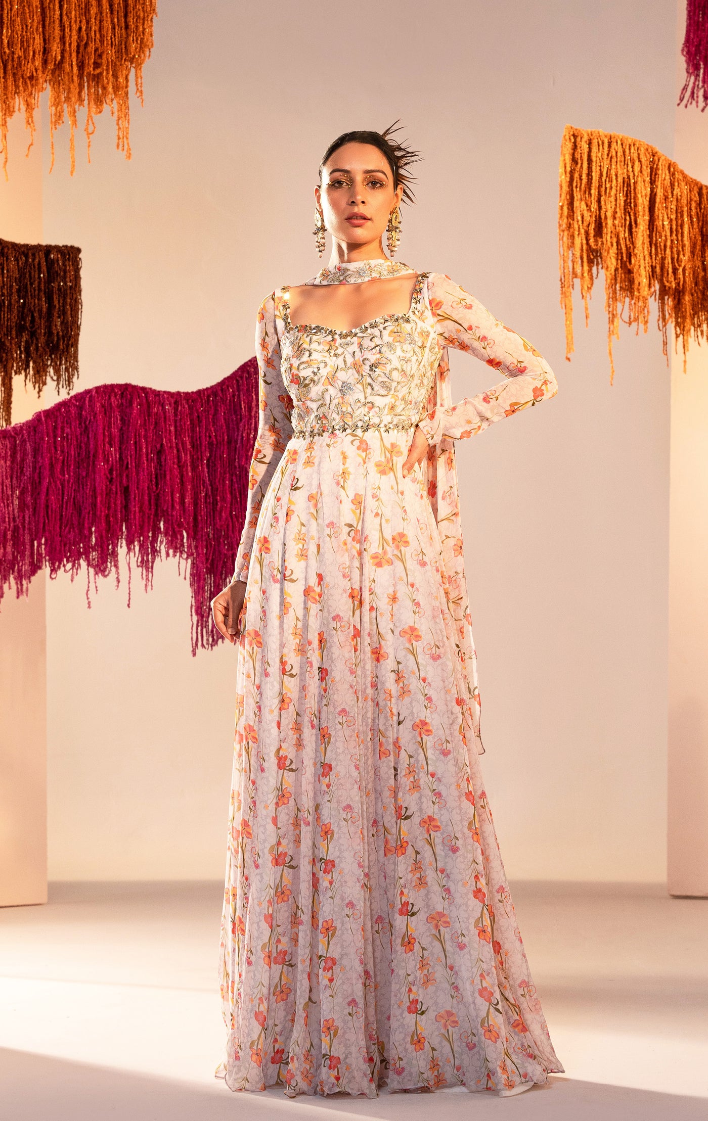 Full Sleeve Printed Corset Anarkali With Choker Dupatta