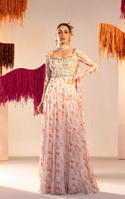 Full Sleeve Printed Corset Anarkali With Choker Dupatta
