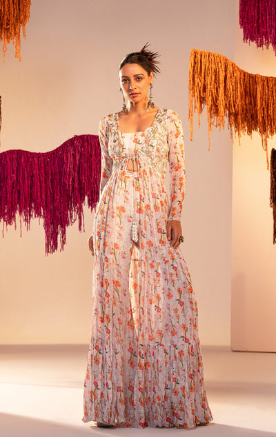 Embroidered Printed Jacket With Strap  Blouse And Bell Bottom Palazzo
