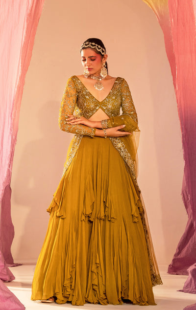 V Hem Full-Sleeve Embroidered Blouse With Frill Lehenga Set
