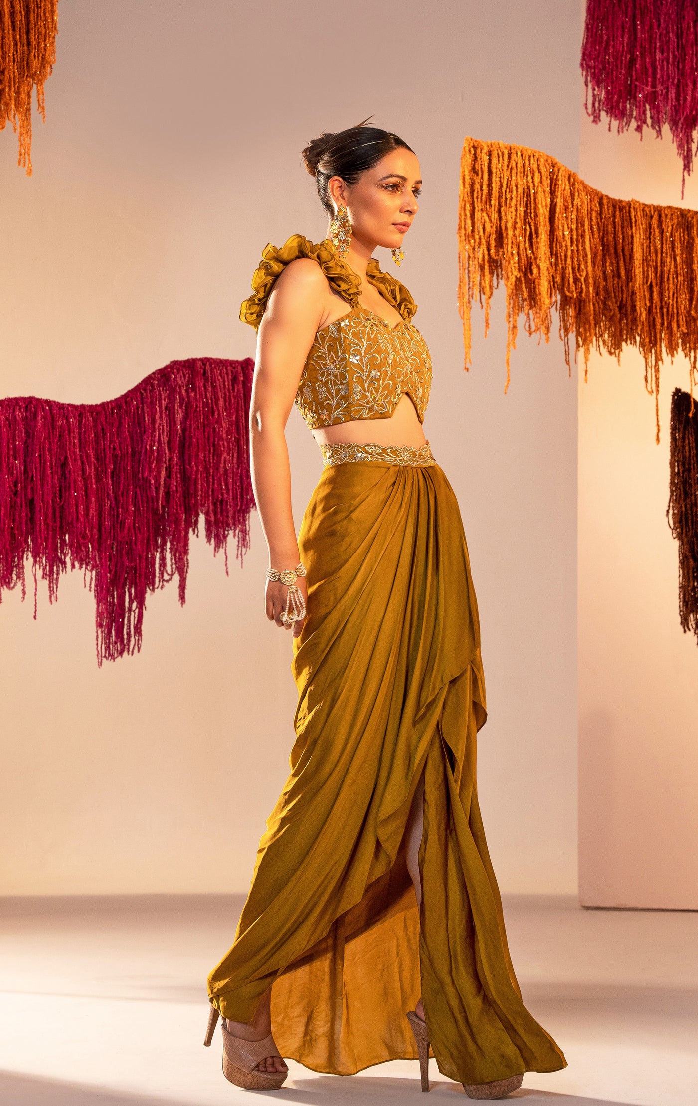 Embroidered Corset With Ruffle Straps And Draped Skirt