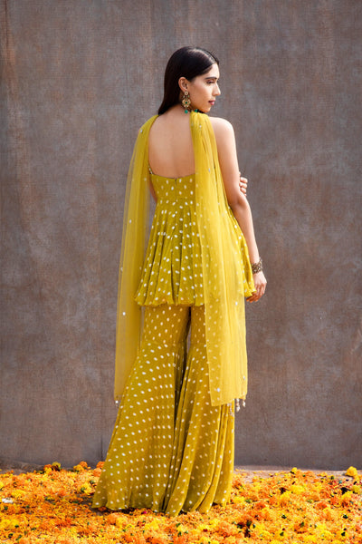 Nishtha Gandhi in Mirror Work Corset Peplum And Fit'N'Flare Pant Set In Lurex Georgette With Choker Dupatta