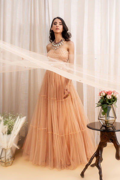 Swati Verma in Tulle Floral Embroidered Corset With 3-Tiered Crystal Embellished Lehenga & Embroidered Border Dupatta