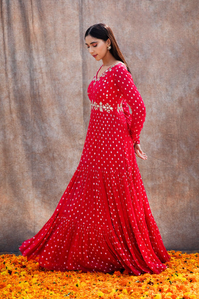 Anmol Bhatia in Mirror Work 3-Tiered Anarkali With Back Cut Outs And Embroidered Dupatta