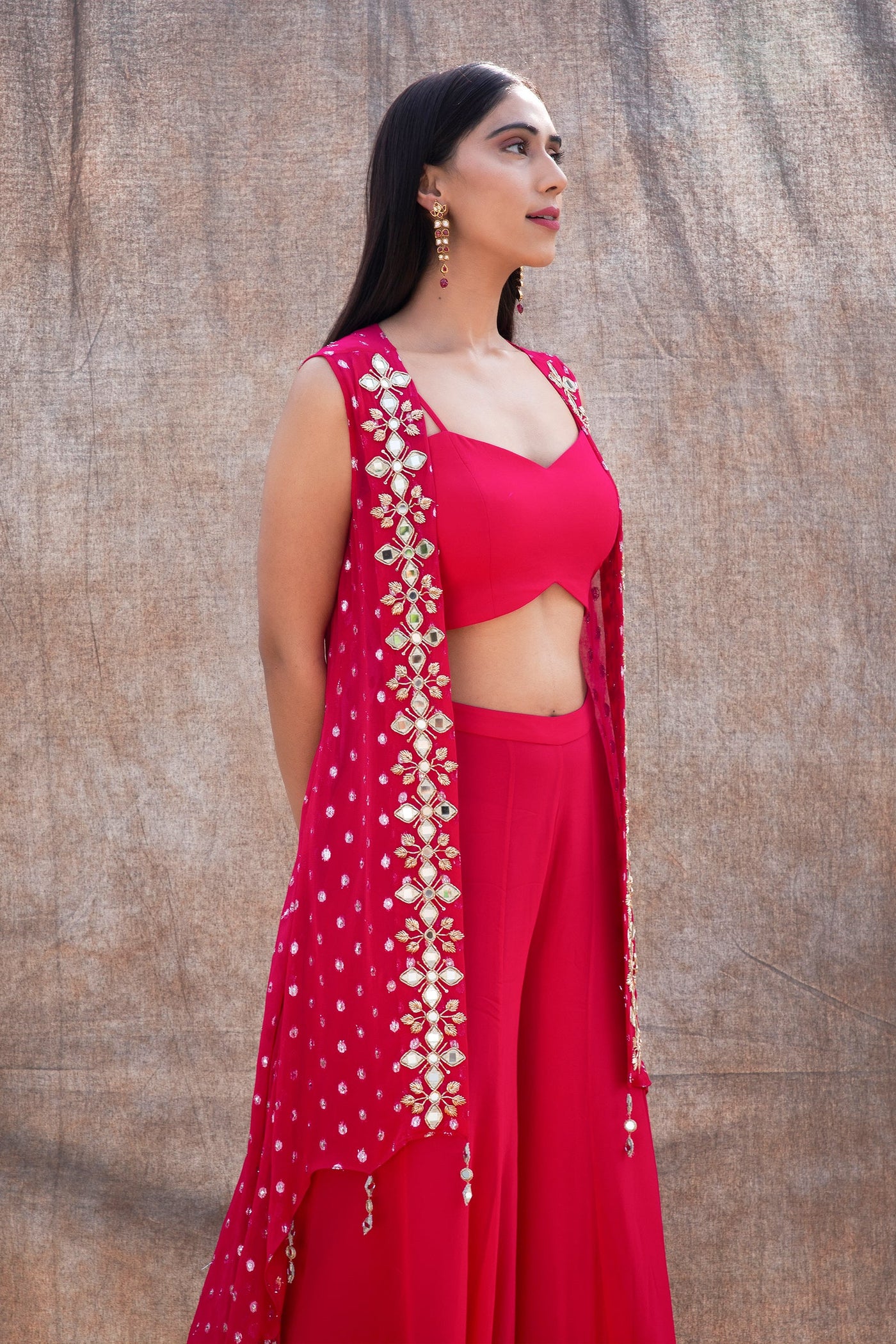 Shivangi Joshi in Mirror Work Asymmetrical Cape With High Waist Pallazo And V-Hem Crop Top