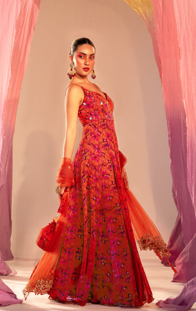 Printed Sweetheart Anarkali With High Slit And Embroidered Dupatta Set