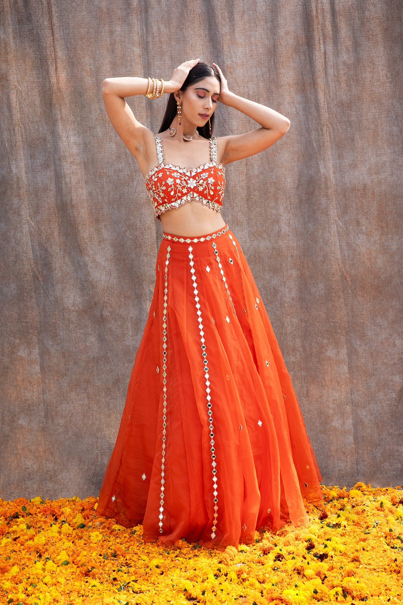 Shivshakti in Mirror Work V-Hem Bustier With High Waist Mirror Lines Lehenga And Embroidered Dupatta