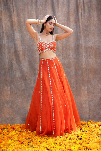 Shivshakti in Mirror Work V-Hem Bustier With High Waist Mirror Lines Lehenga And Embroidered Dupatta