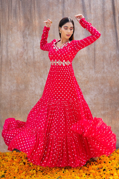 Anmol Bhatia in Mirror Work 3-Tiered Anarkali With Back Cut Outs And Embroidered Dupatta