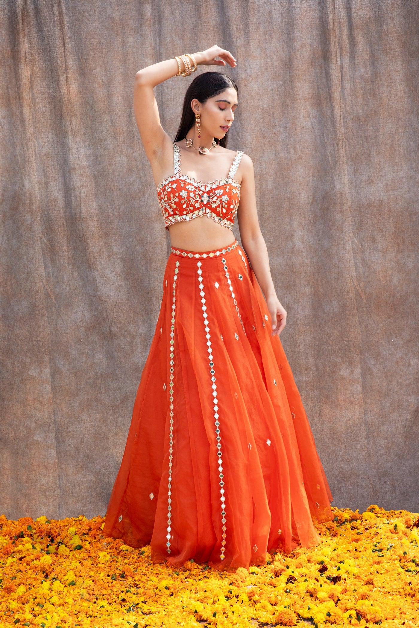 Riya Jain in Mirror Work V-Hem Bustier With High Waist Mirror Lines Lehenga And Embroidered Dupatta