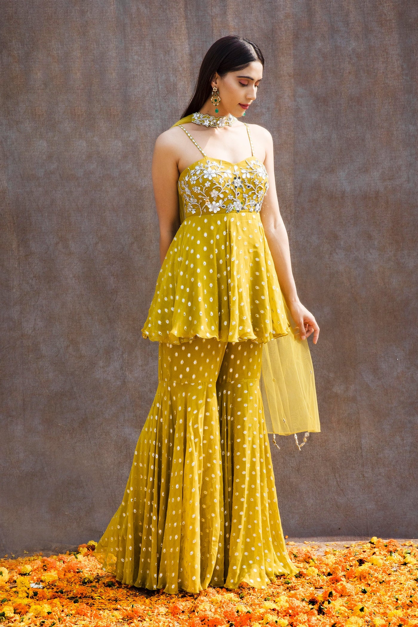 Nishtha Gandhi in Mirror Work Corset Peplum And Fit'N'Flare Pant Set In Lurex Georgette With Choker Dupatta