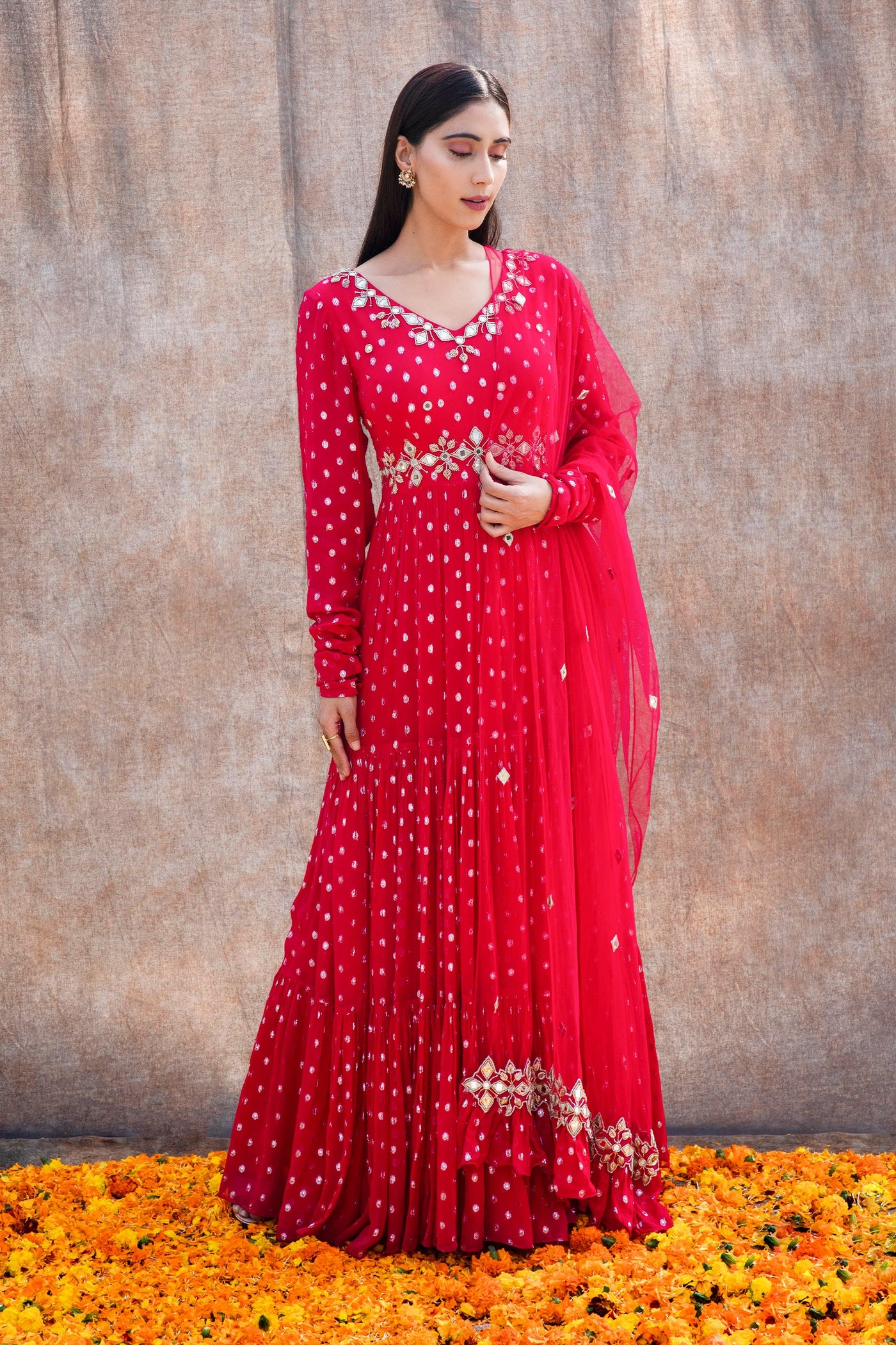 Anmol Bhatia in Mirror Work 3-Tiered Anarkali With Back Cut Outs And Embroidered Dupatta