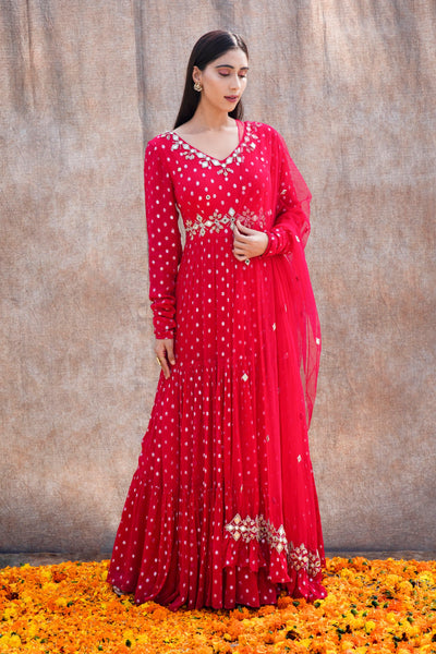Anmol Bhatia in Mirror Work 3-Tiered Anarkali With Back Cut Outs And Embroidered Dupatta