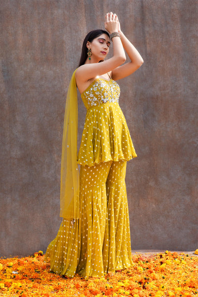 Nishtha Gandhi in Mirror Work Corset Peplum And Fit'N'Flare Pant Set In Lurex Georgette With Choker Dupatta