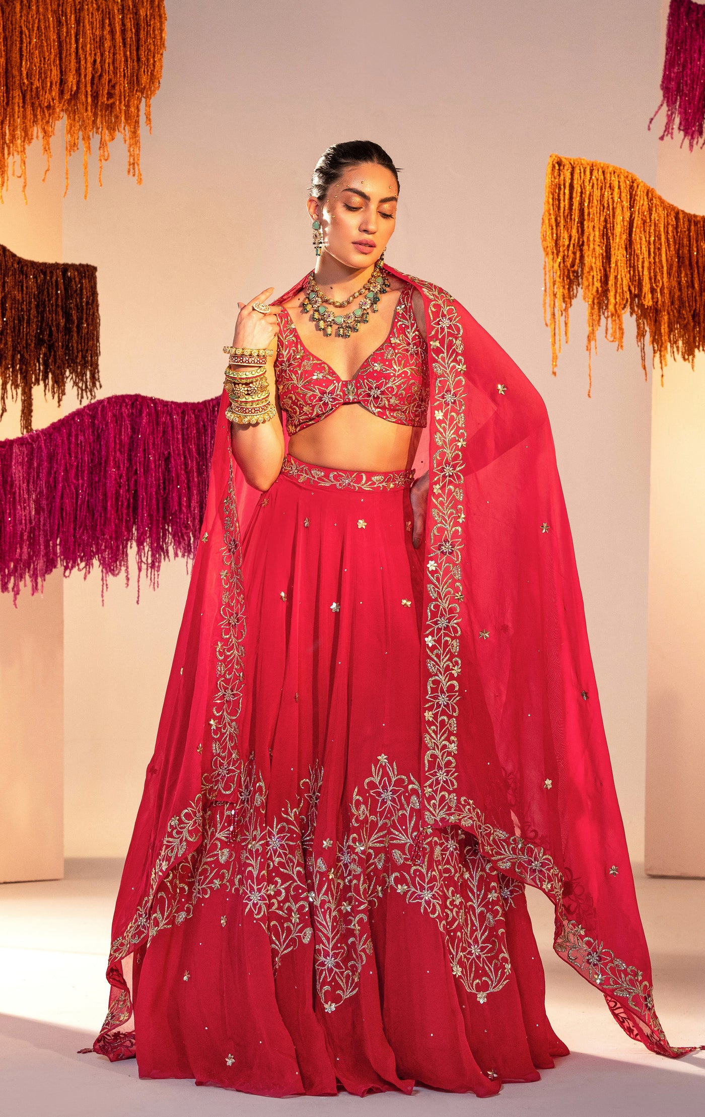 Embroidered Backless Blouse With Lehenga And Embroidered Dupatta  Set
