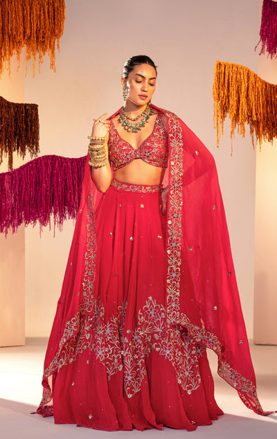Embroidered Backless Blouse With Lehenga And Embroidered Dupatta  Set
