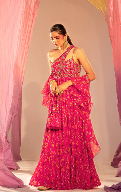 Embroidered One Shoulder Printed Anarkali With Frill Dupatta Set