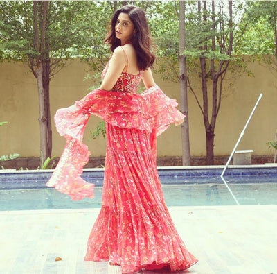 Vedhika in Embroidered One Shoulder Printed Anarkali With Frill Dupatta Set