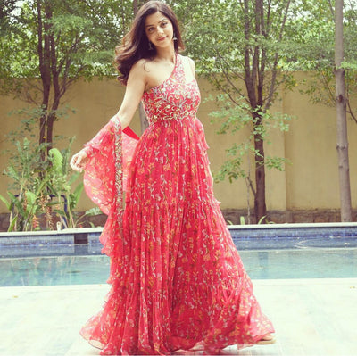 Vedhika in Embroidered One Shoulder Printed Anarkali With Frill Dupatta Set