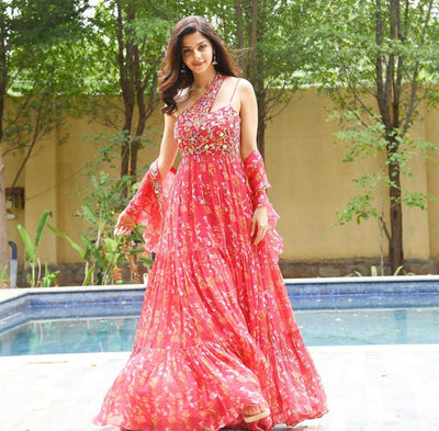 Vedhika in Embroidered One Shoulder Printed Anarkali With Frill Dupatta Set