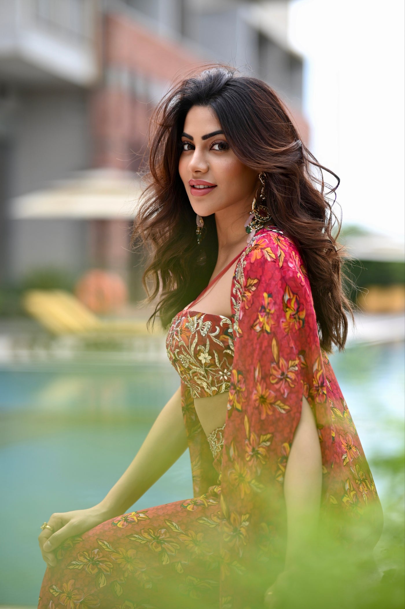 Niki Tamboli in Printed Cape With  Embroidered Tube Blouse And Printed Straight Pants (Copy)