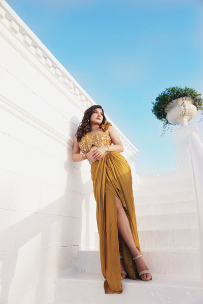 Manasi Mau in Embroidered Corset With Ruffle Straps And Draped Skirt