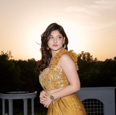 Manasi Mau in Embroidered Corset With Ruffle Straps And Draped Skirt