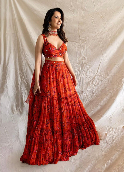 Shirley Setia in Printed Wrap Around Blouse And 3 Tiered Lehenga With Choker Dupatta
