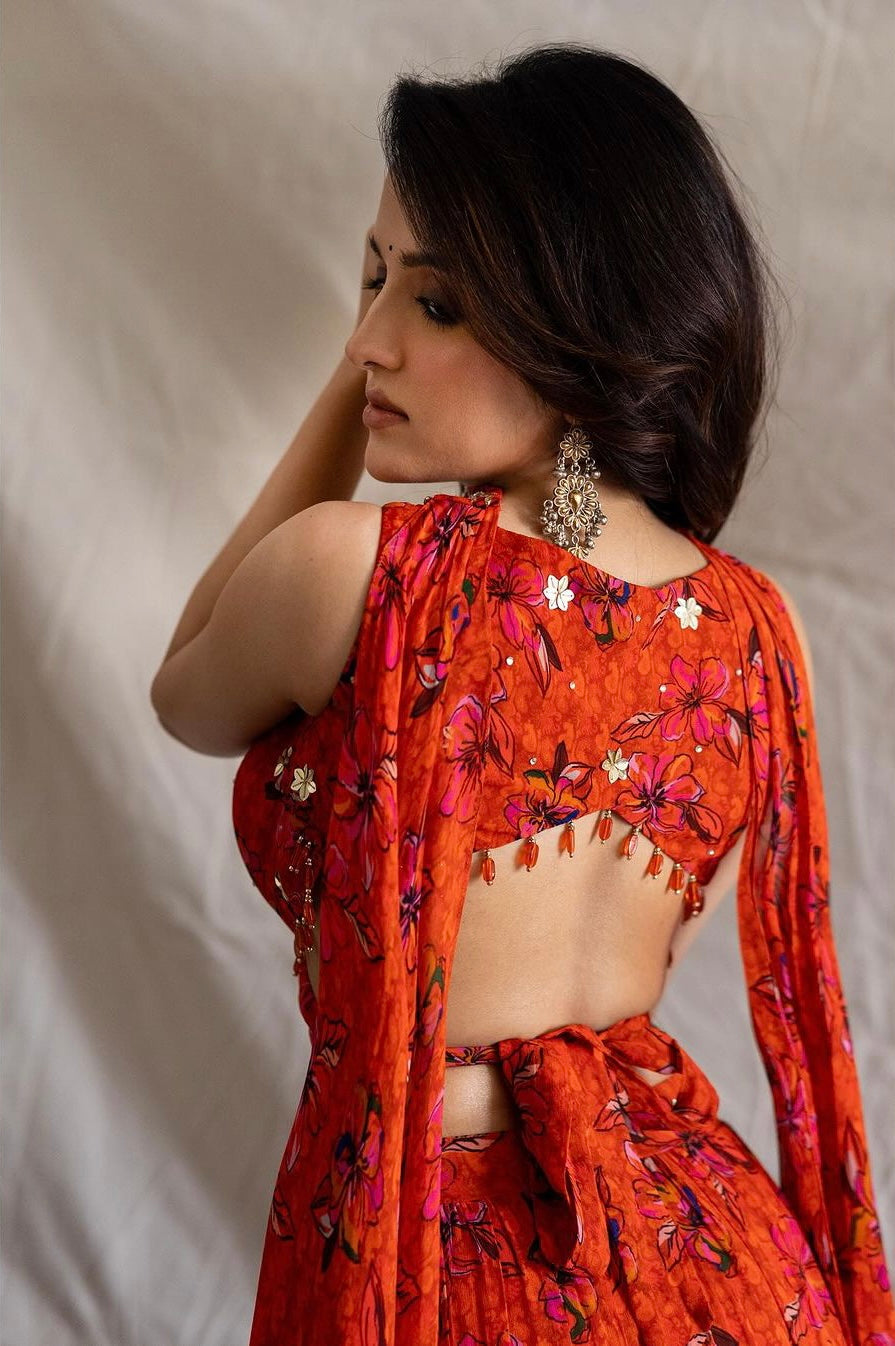 Shirley Setia in Printed Wrap Around Blouse And 3 Tiered Lehenga With Choker Dupatta