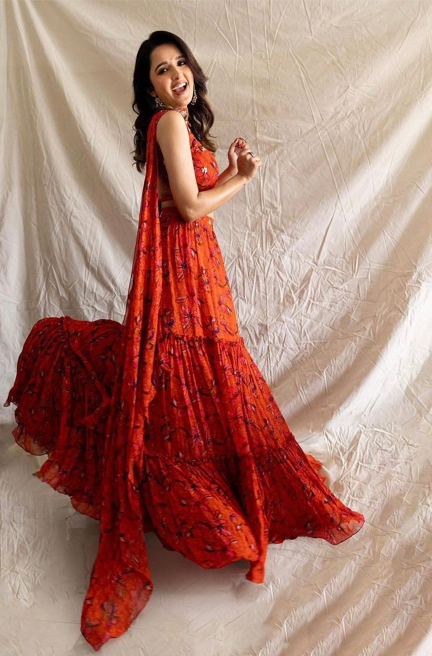 Shirley Setia in Printed Wrap Around Blouse And 3 Tiered Lehenga With Choker Dupatta