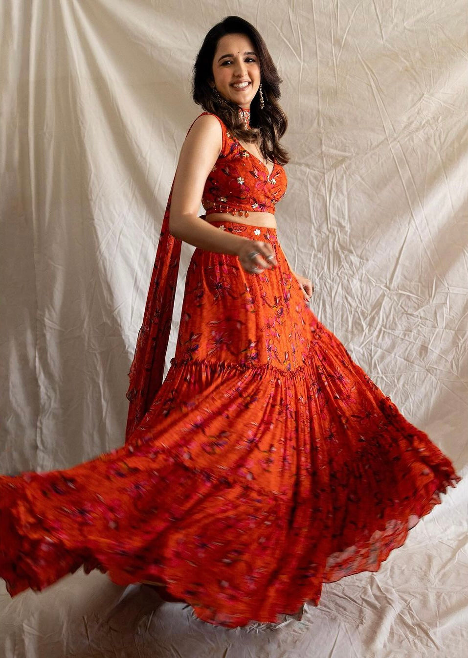 Shirley Setia in Printed Wrap Around Blouse And 3 Tiered Lehenga With Choker Dupatta