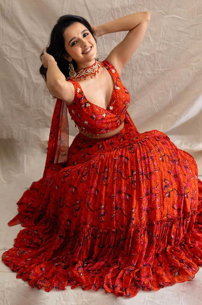 Shirley Setia in Printed Wrap Around Blouse And 3 Tiered Lehenga With Choker Dupatta
