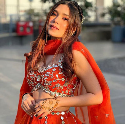 Riya Jain in Mirror Work V-Hem Bustier With High Waist Mirror Lines Lehenga And Embroidered Dupatta