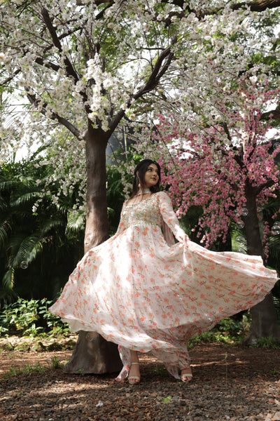 Manasi Mau in Full Sleeve Printed Corset Anarkali With Choker Dupatta