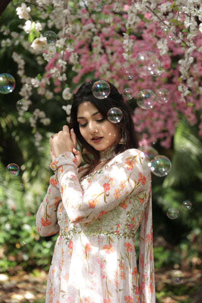 Manasi Mau in Full Sleeve Printed Corset Anarkali With Choker Dupatta