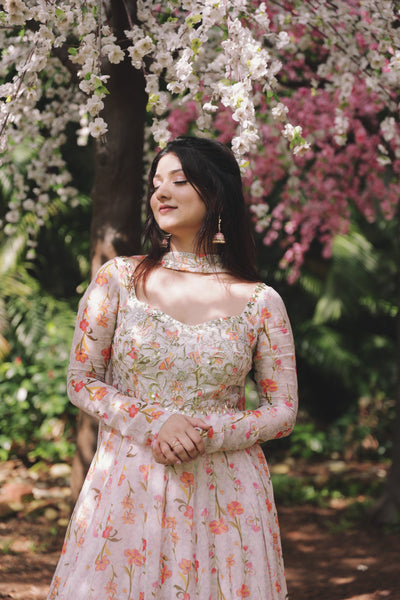 Manasi Mau in Full Sleeve Printed Corset Anarkali With Choker Dupatta