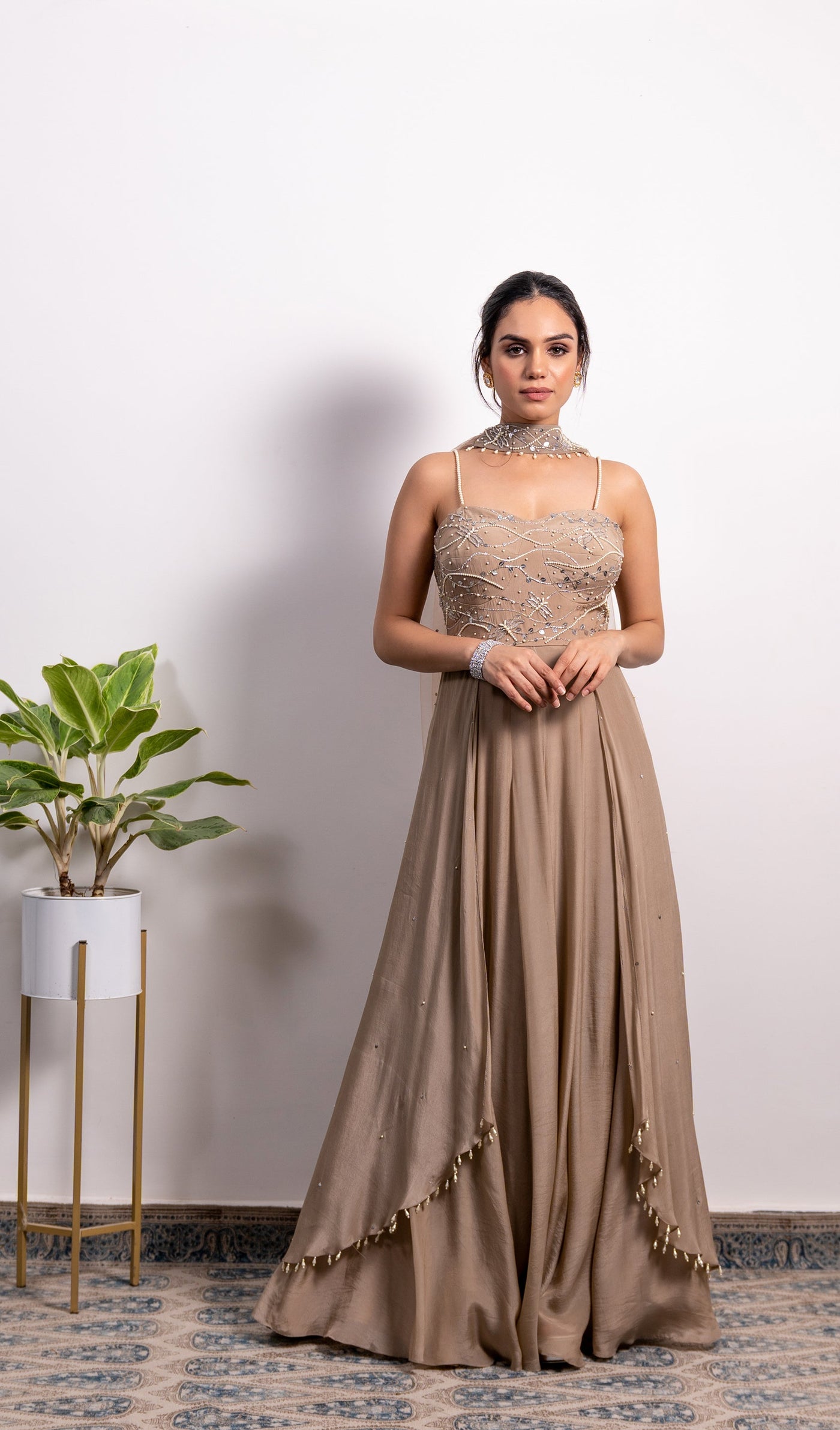 Divya Boppana in Embroidered Corset Anarkali With Side Drapes And Choker Dupatta