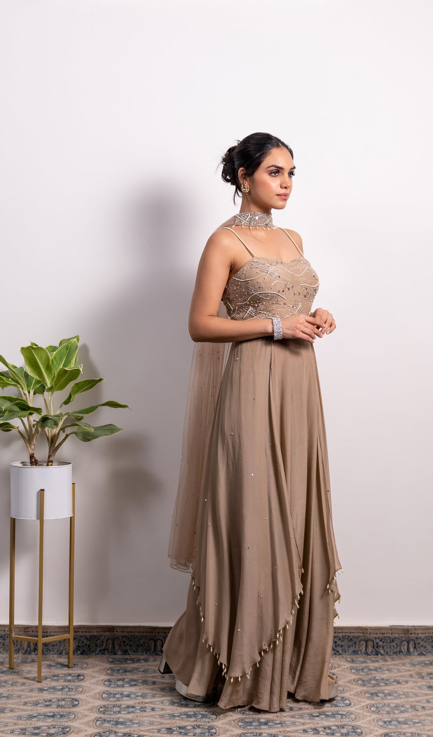 Divya Boppana in Embroidered Corset Anarkali With Side Drapes And Choker Dupatta