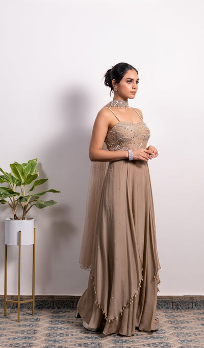 Divya Boppana in Embroidered Corset Anarkali With Side Drapes And Choker Dupatta