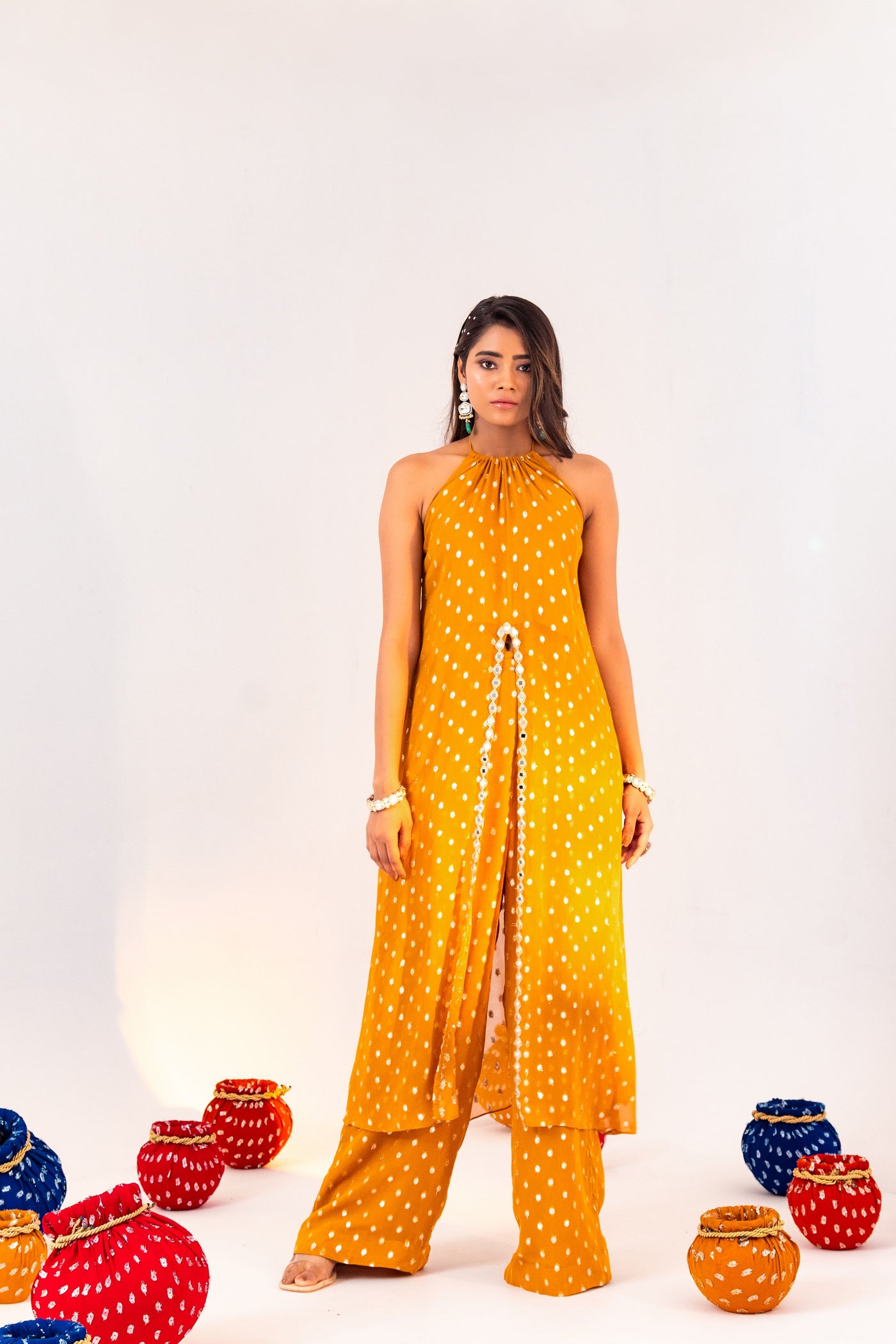 CENTRE CUT HALTER NECK TUNIC AND STRAIGHT PANT SET