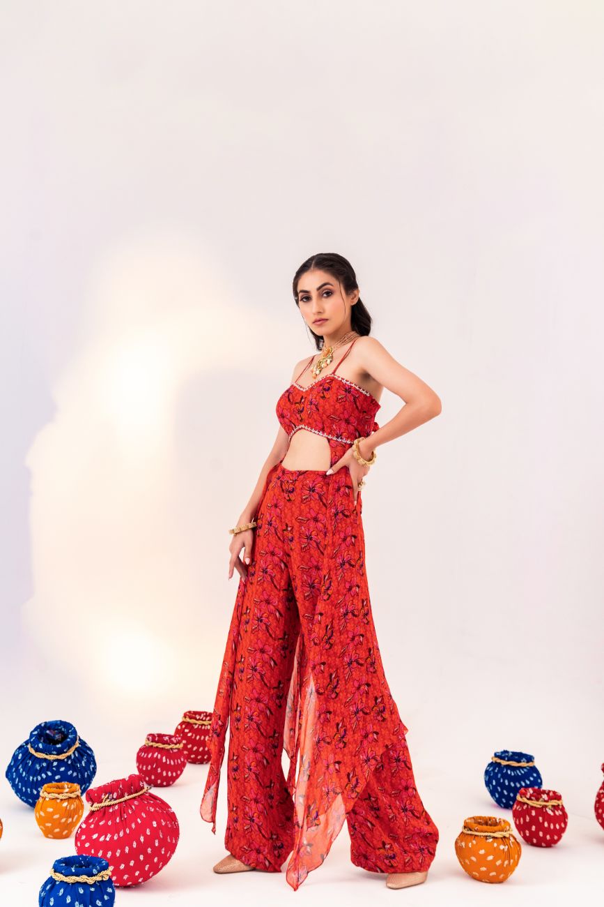 PRINTED BACK KNOT BLOUSE WITH SIDE PANELS AND STRAIGHT PANT SET