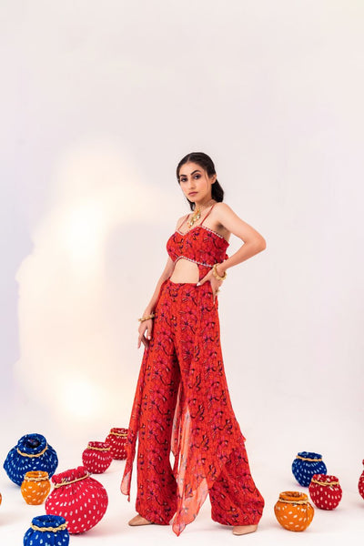 PRINTED BACK KNOT BLOUSE WITH SIDE PANELS AND STRAIGHT PANT SET
