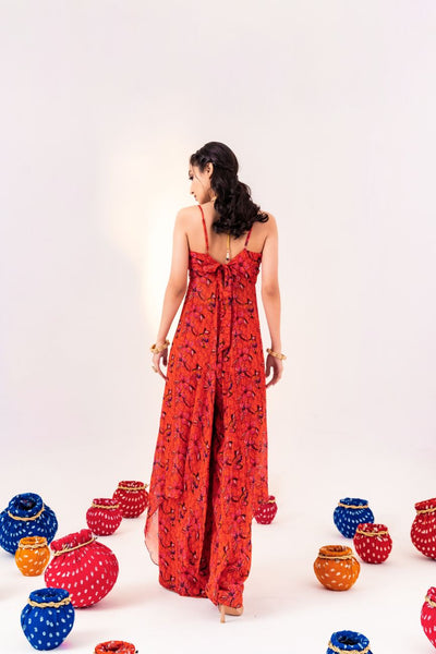 PRINTED BACK KNOT BLOUSE WITH SIDE PANELS AND STRAIGHT PANT SET