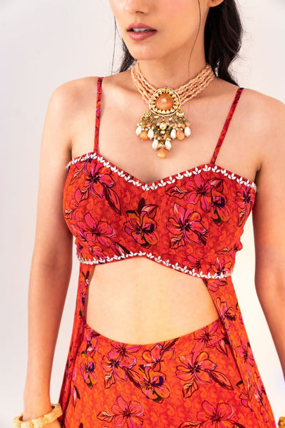 PRINTED BACK KNOT BLOUSE WITH SIDE PANELS AND STRAIGHT PANT SET